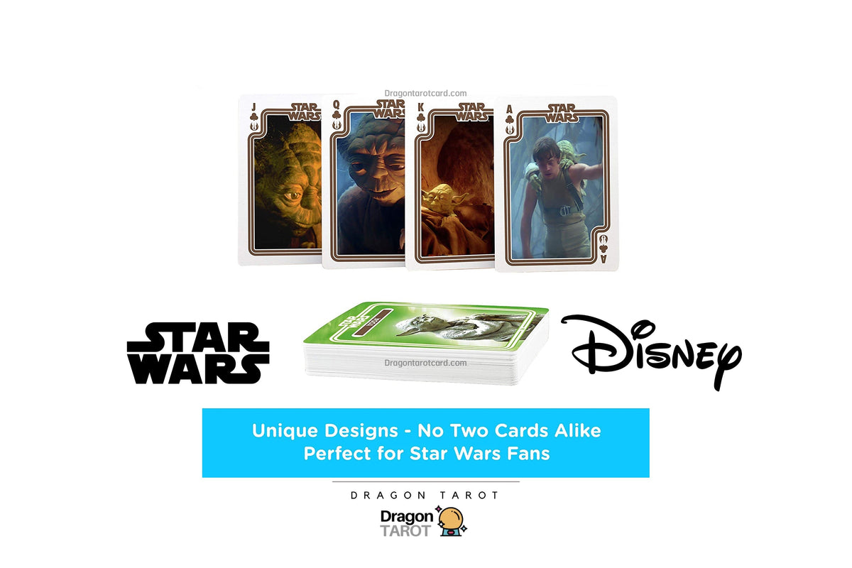 Star Wars and Disney themed Dragon Tarot card deck advertisement on a white background, showing four sample card designs, a stack of cards, and prominent Star Wars and Disney logos.