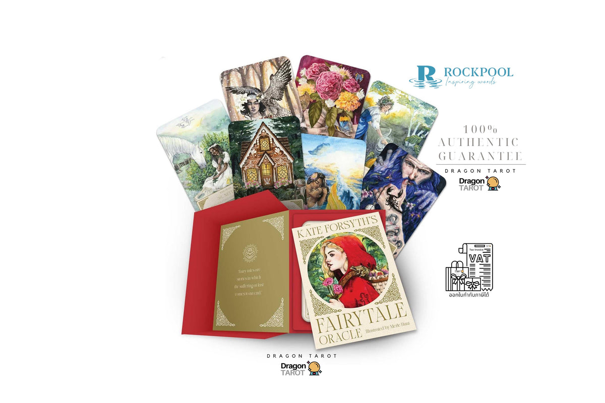 Dragon Tarot deck packaging and cards displayed on a white background, featuring a red envelope, an open gold-lined card box, several illustrated tarot cards, and printed branding for Dragon Tarot and Rockpool.