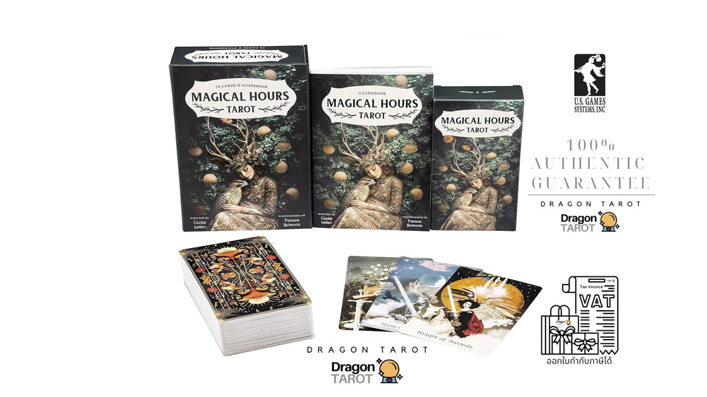 Dragon Tarot deck packaging and contents displayed on a white background, including three black illustrated tarot boxes, a deck of cards, several sample cards, and several promotional logos and text elements.