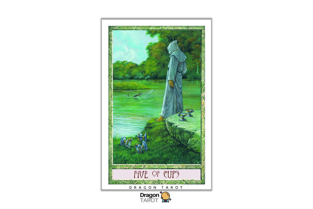 A tarot card titled 'Five of Cups' from the Dragon Tarot deck, featuring an illustration of a robed figure by a lake with a fish, shown centered on a white background with the Dragon Tarot logo at the bottom.
