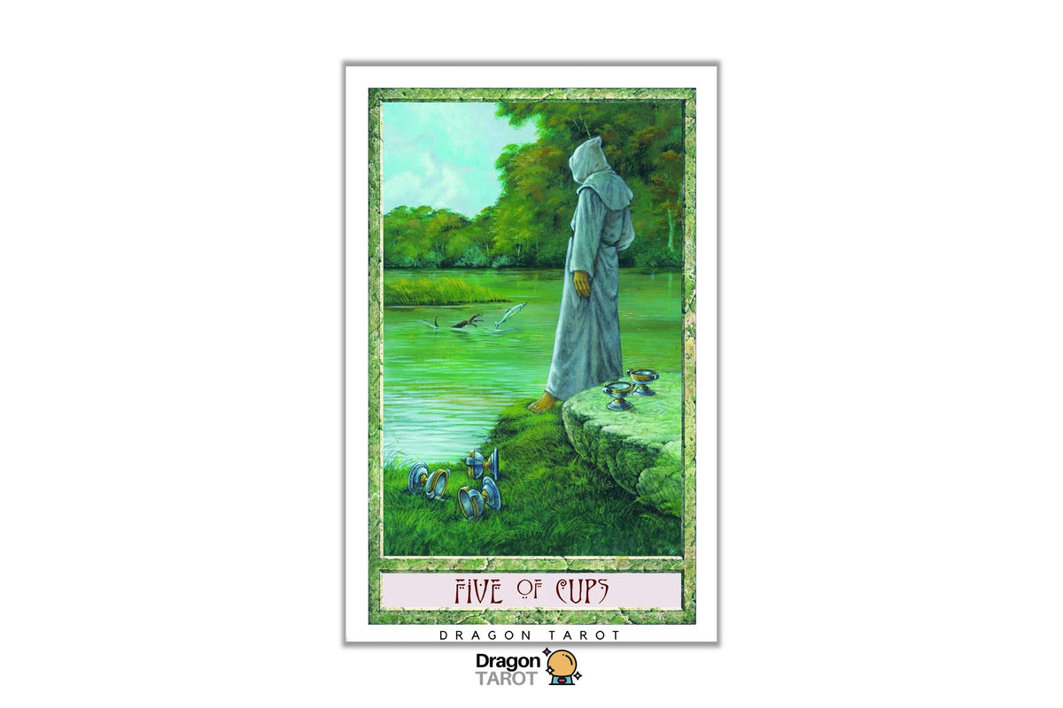 A tarot card titled 'Five of Cups' from the Dragon Tarot deck, featuring an illustration of a robed figure by a lake with a fish, shown centered on a white background with the Dragon Tarot logo at the bottom.