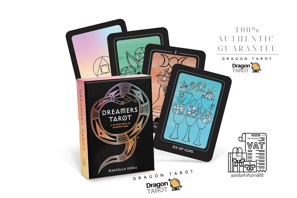 Four Dragon Tarot card decks fanned out behind a boxed deck on a white background, with Thai promotional text and icons including '100% Authentic Guarantee', 'Dragon Tarot', and a VAT receipt graphic.