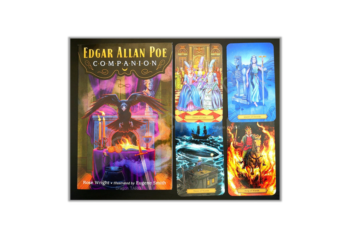 The front cover of the 'Edgar Allan Poe Companion' book, featuring a black frame with four colorful tarot card illustrations on the right and a dark gothic illustration on the left, set against a plain white background.