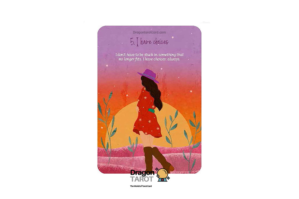 A tarot card featuring a colorful illustration of a woman in a red dress and purple hat standing in a field under a sunset sky. The card has Thai text at the top and the 'Dragon TAROT' brand logo at the bottom, presented on a white background with social media and brand header graphics.
