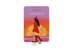 A tarot card featuring a colorful illustration of a woman in a red dress and purple hat standing in a field under a sunset sky. The card has Thai text at the top and the 'Dragon TAROT' brand logo at the bottom, presented on a white background with social media and brand header graphics.