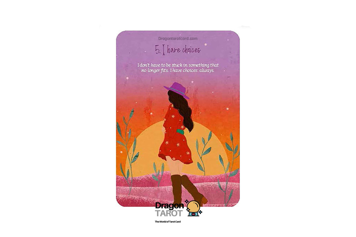 A tarot card featuring a colorful illustration of a woman in a red dress and purple hat standing in a field under a sunset sky. The card has Thai text at the top and the 'Dragon TAROT' brand logo at the bottom, presented on a white background with social media and brand header graphics.