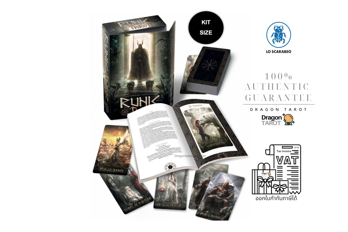 Dragon Tarot card deck kit shown on a white background, including the illustrated box, deck of cards, instruction booklet, and several sample cards. Text on the image includes 'KIT SIZE', '100% AUTHENTICITY GUARANTEE', and 'DRAGON TAROT'.