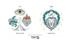 A digital graphic showing two tarot card designs side by side on a white background: 'The Lovers' with a snake, eye, and heart motifs, and 'Strength' with a lion head inside a laurel wreath. The Dragon Tarot brand logo and name appear at the top and bottom.