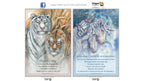 Two Dragon Tarot card illustrations side by side: the left card shows white and golden lions with the title 'TIGER - FIRE' and the right card shows white unicorns with butterflies and the title 'UNICORN - INFINITE POSSIBILITIES'.