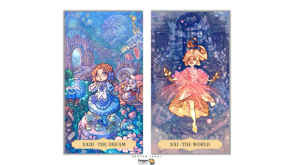 Two vertical illustrated tarot-style cards shown side by side on a white background. The left card reads 'XXIII - THE DREAM' and depicts a blue-haired girl in a blue dress in a whimsical fantasy scene.