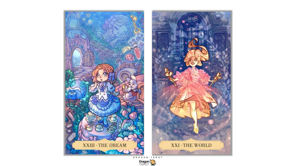 Two vertical illustrated tarot-style cards shown side by side on a white background. The left card reads 'XXIII - THE DREAM' and depicts a blue-haired girl in a blue dress in a whimsical fantasy scene.