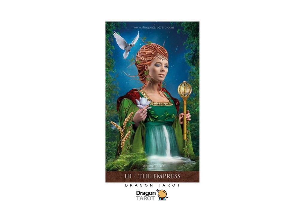 Dragon Tarot 'The Empress' card featuring an illustration of a woman in a green gown holding a lotus flower and staff, with a waterfall, bird, and green forest background.