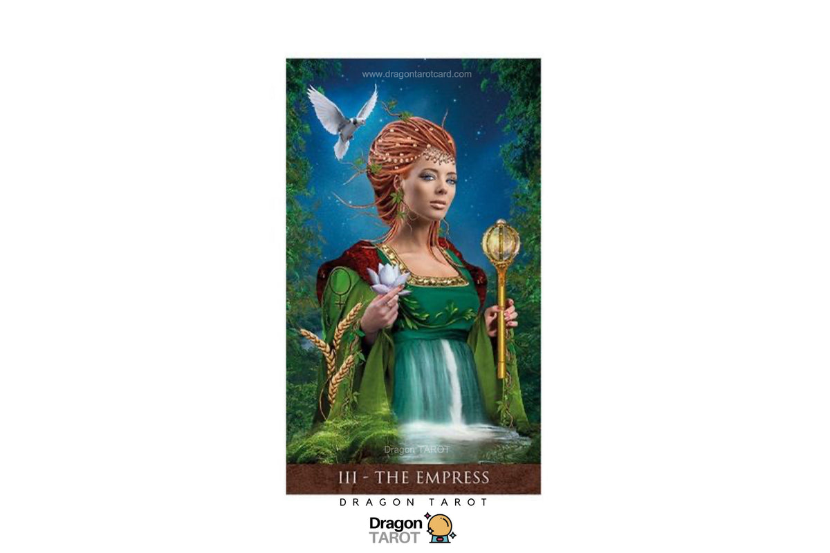 Dragon Tarot 'The Empress' card featuring an illustration of a woman in a green gown holding a lotus flower and staff, with a waterfall, bird, and green forest background.