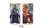 Two illustrated tarot cards shown side by side on a white background: King of Cups on the left and Queen of Wands on the right. The cards feature detailed fantasy-style figures in ornate robes, with the Dragon Tarot logo and name printed below the cards.