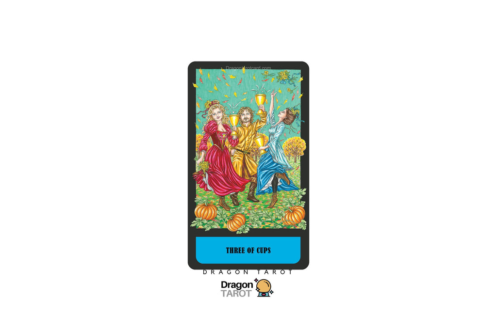 A tarot card displaying 'Three of Cups' with an illustration of three figures in medieval clothing amidst pumpkins, set against a black card frame on a white background with a Dragon Tarot logo below.