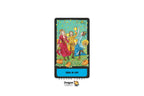 A tarot card displaying 'Three of Cups' with an illustration of three figures in medieval clothing amidst pumpkins, set against a black card frame on a white background with a Dragon Tarot logo below.