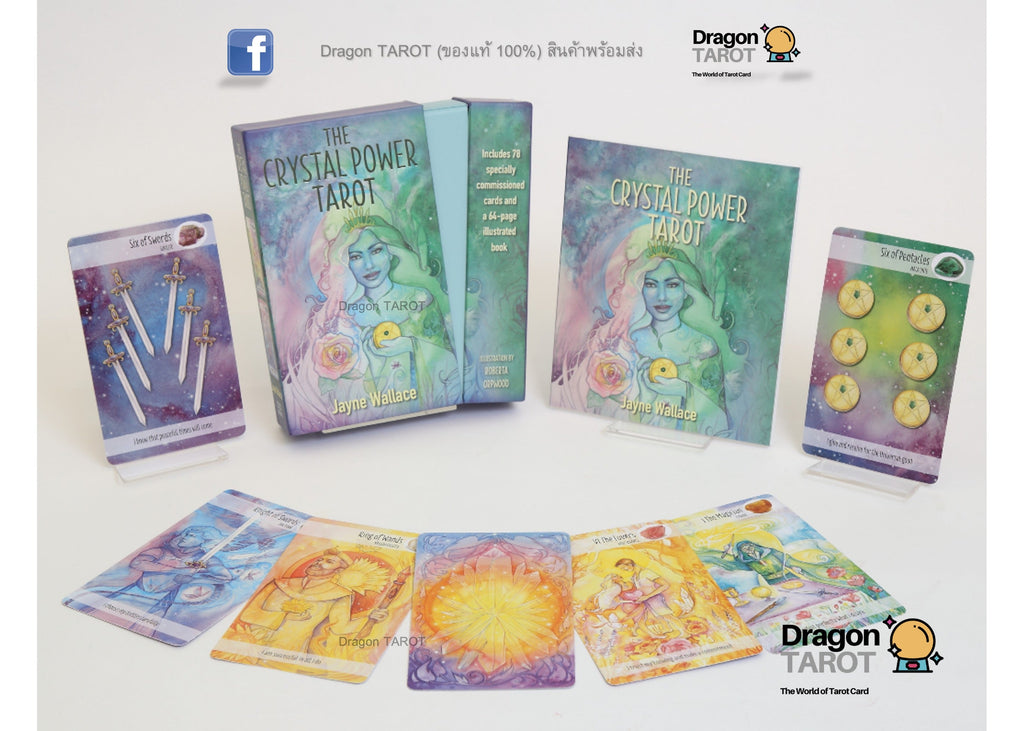 The Crystal Power Tarot deck displayed with its book, card boxes, and several sample cards on a light gray background. The packaging features colorful fantasy illustrations with blue, green, and purple tones, and the cards show a variety of bright, illustrated scenes.