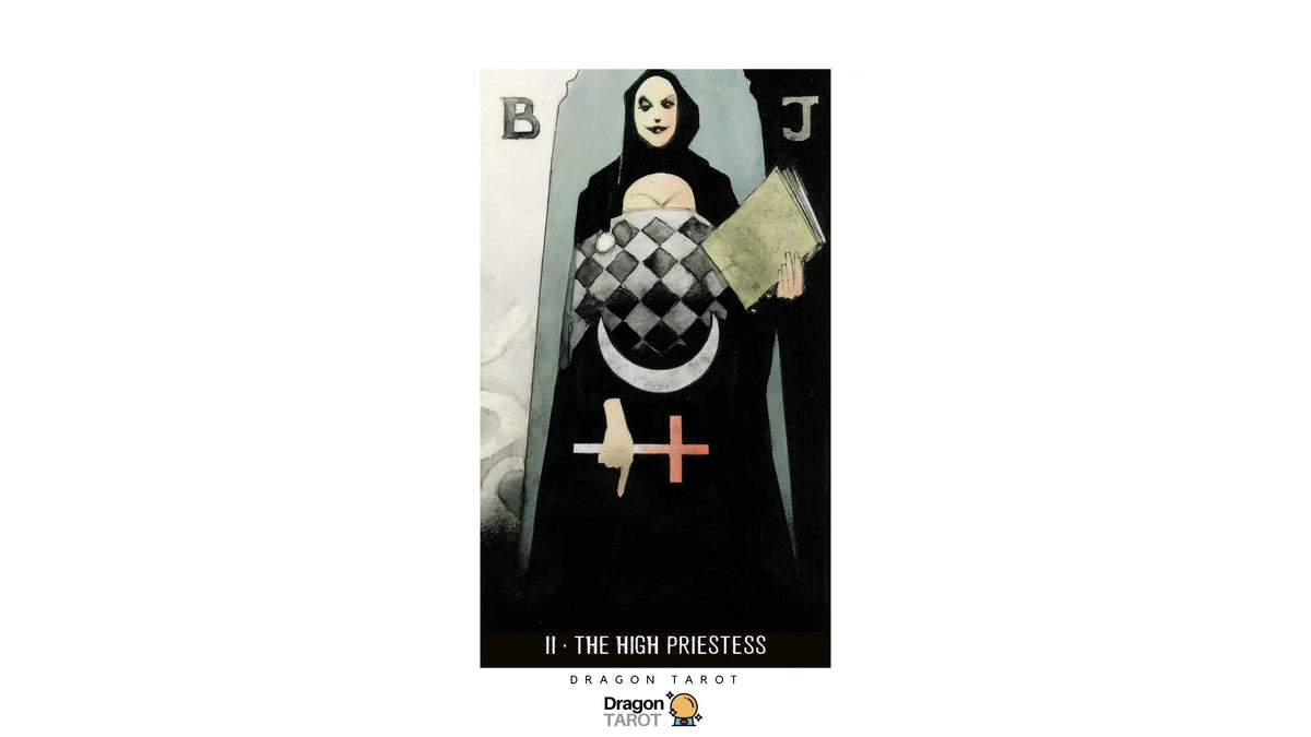 Dragon Tarot card 'II - The High Priestess' featuring a dark cloaked figure holding a book, with a crescent moon and checkerboard motif on the chest, shown on a white page with Dragon Tarot branding.