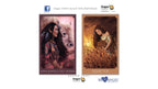 Two illustrated tarot-style cards shown side by side on a white background, with Dragon Tarot branding and Blue Angel Productions logos. The left card depicts a woman with a white buffalo, and the right card depicts a woman seated in golden grass under warm light.