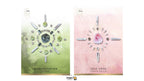 Two decorative card designs side by side: the left card has a green-to-white gradient background with a circular crystal arrangement and the text 'MANIFESTATION' and 'EPISODE'; the right card has a soft pink watercolor background with a pink crystal cluster and the text 'SELF-LOVE' and 'CUBALTO CALCITE'.