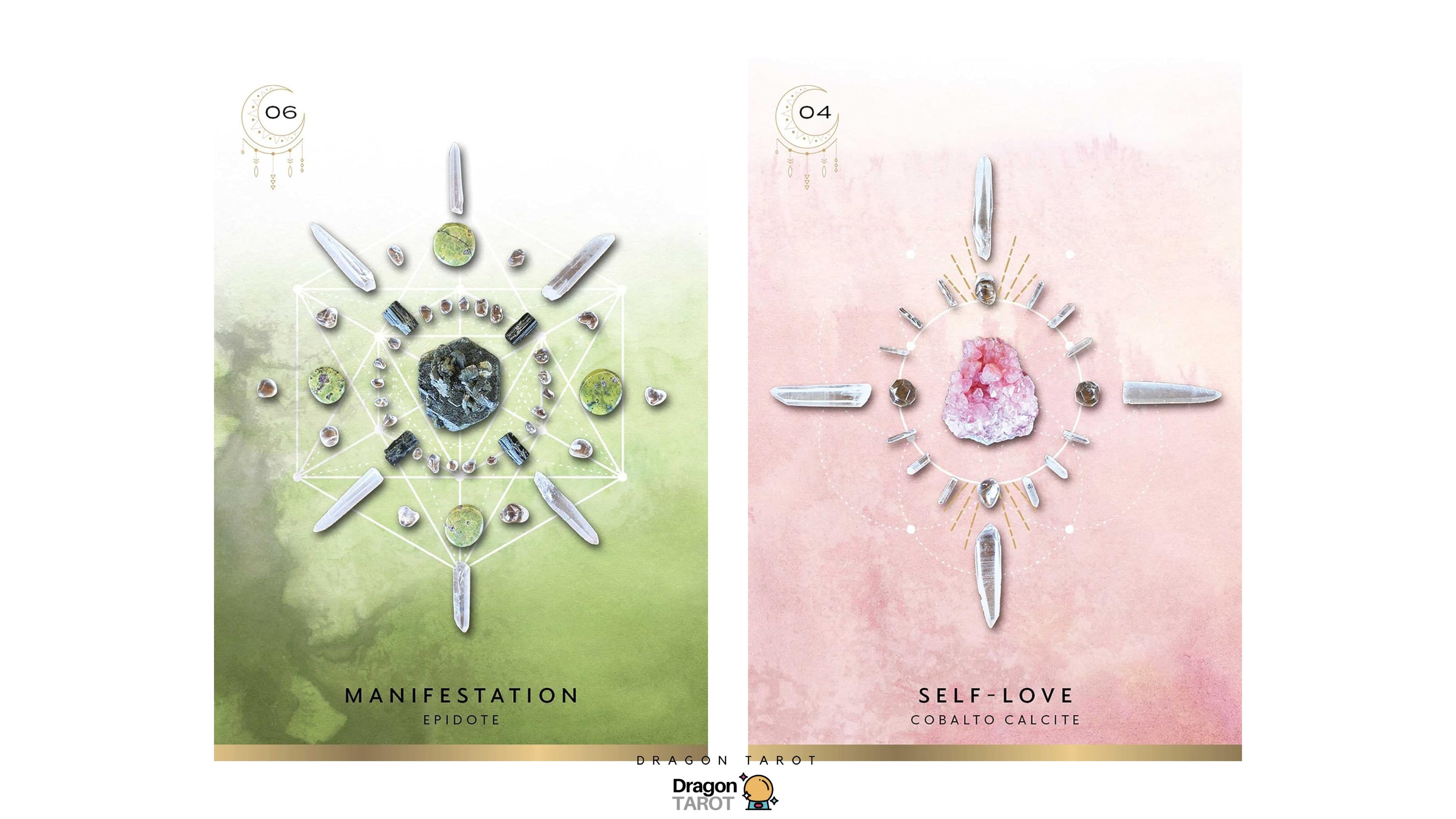 Two decorative card designs side by side: the left card has a green-to-white gradient background with a circular crystal arrangement and the text 'MANIFESTATION' and 'EPISODE'; the right card has a soft pink watercolor background with a pink crystal cluster and the text 'SELF-LOVE' and 'CUBALTO CALCITE'.
