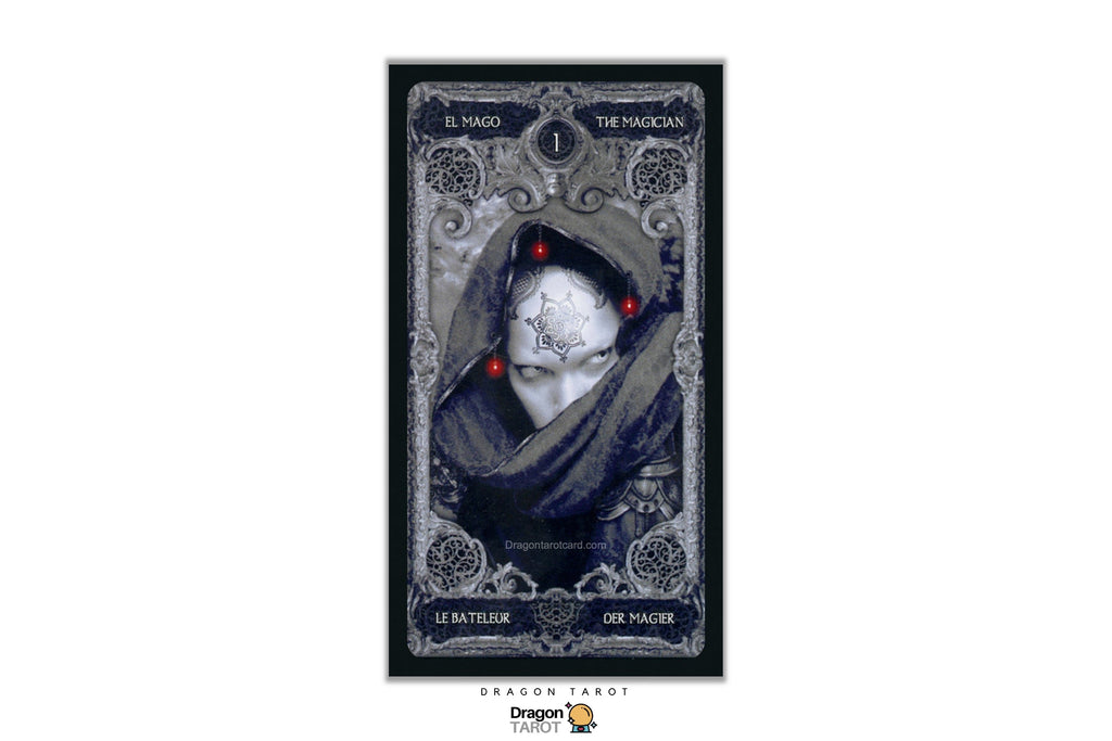 A tarot card art print featuring a hooded figure with a star on its forehead, rendered in dark blue-gray and black with small red glowing accents. The card is centered on a white background with a Dragon Tarot logo at the bottom.