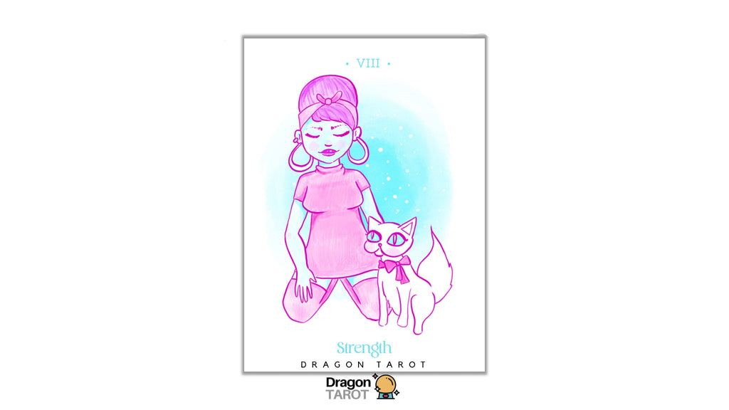 A Dragon Tarot card illustration featuring the Strength card (VIII) with a pink line drawing of a woman kneeling beside a cat, set against a light blue watercolor background. The card is centered on a white page with Dragon Tarot branding at the top and bottom.