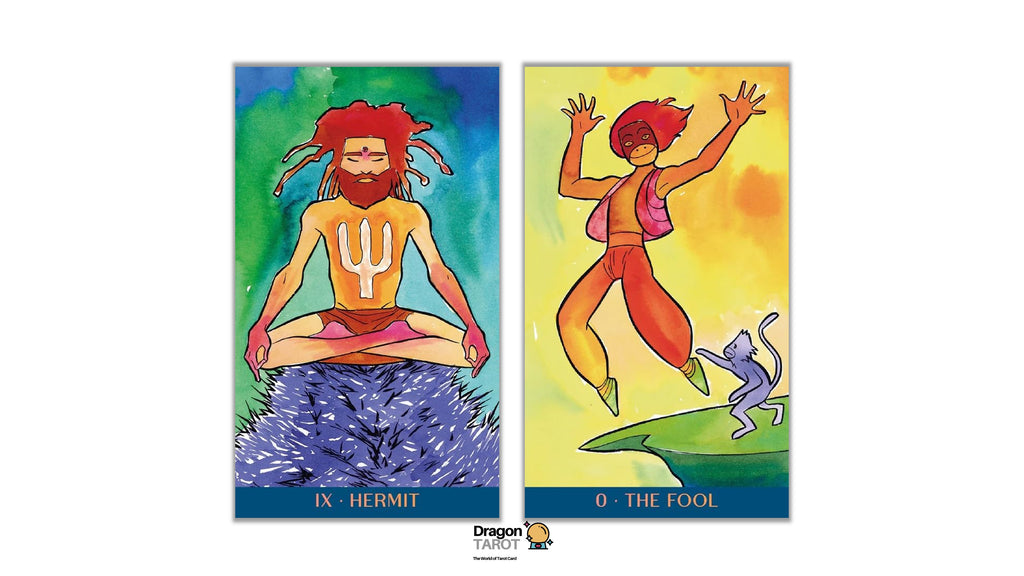 Two colorful tarot card illustrations side by side on a white background, labeled 'IX - HERMIT' and 'O - THE FOOL'. The left card shows a seated figure with red hair and beard against a blue-green gradient background, with lavender flowers at the base.