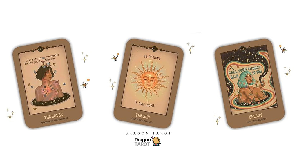 Three Dragon Tarot cards are displayed on a white background with decorative stars and the Dragon Tarot brand logo. The cards feature vintage-style illustrations: 'The Lover' with a woman gazing at a sun, 'The Sun' with a radiant sun face, and 'Energy' with a dragon in a cosmic scene.