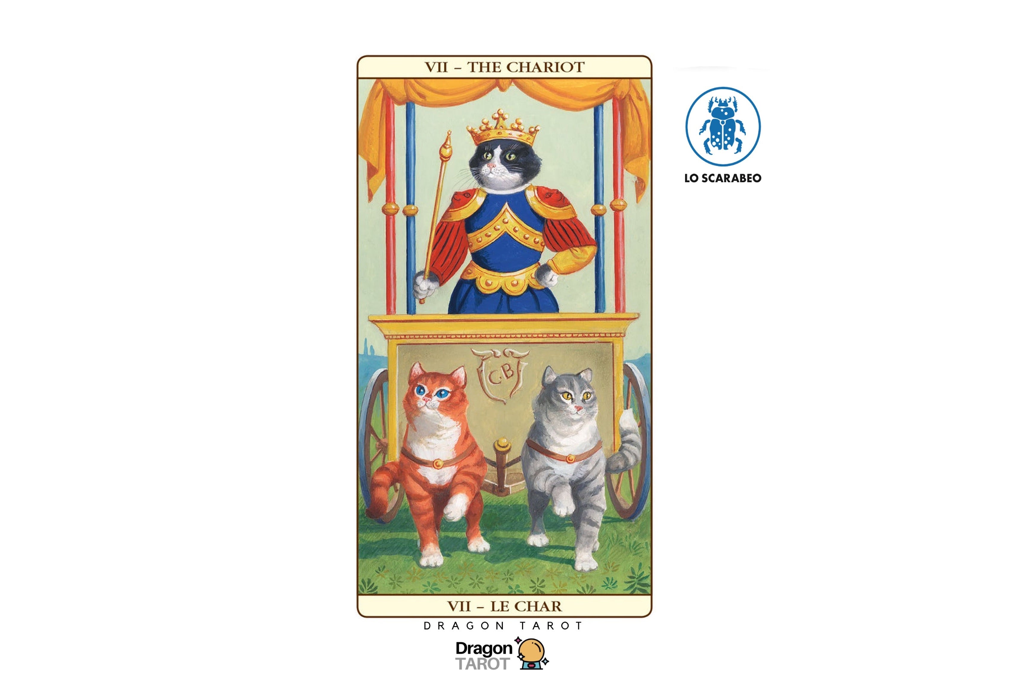 A tarot card illustration labeled 'VII - THE CHARLOT' with a black cat dressed as a king in a blue and gold robe, flanked by an orange cat and a gray cat beneath a golden cart. The card is centered on a white background with Dragon Tarot branding and a UD Scarambo logo visible.