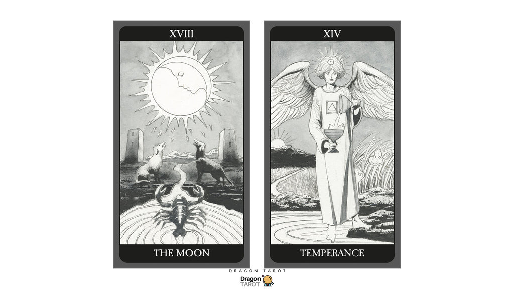 Two tarot-style cards shown side by side on a white background: the left card is labeled XVIII The Moon with a black-and-white illustration of a sun, moon, and scorpion; the right card is labeled XIV Temperance with a black-and-white illustration of an angel holding a chalice. A small Dragon Zou logo appears below the cards.