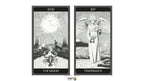 Two tarot-style cards shown side by side on a white background: the left card is labeled XVIII The Moon with a black-and-white illustration of a sun, moon, and scorpion; the right card is labeled XIV Temperance with a black-and-white illustration of an angel holding a chalice. A small Dragon Zou logo appears below the cards.