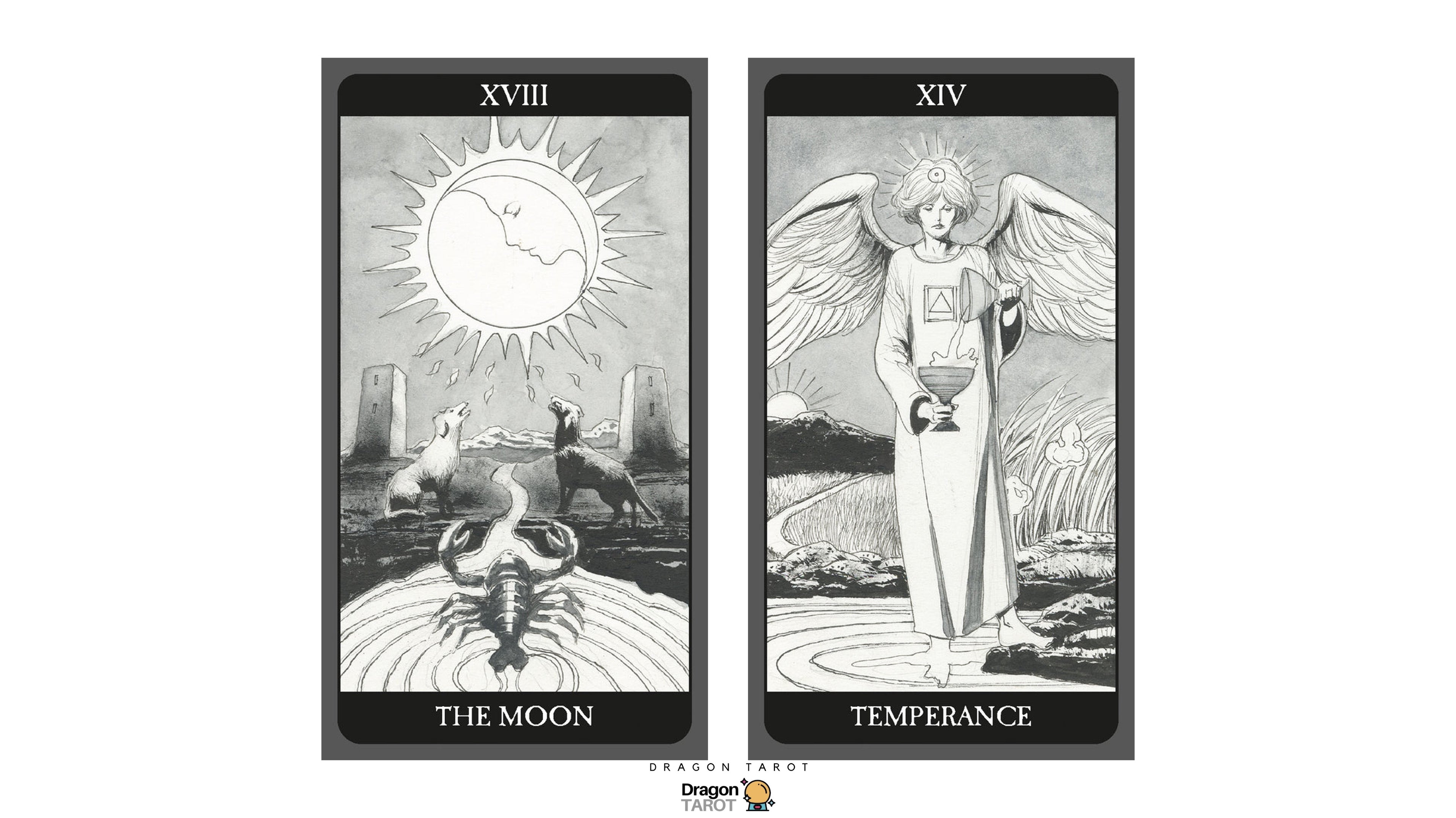 Two tarot-style cards shown side by side on a white background: the left card is labeled XVIII The Moon with a black-and-white illustration of a sun, moon, and scorpion; the right card is labeled XIV Temperance with a black-and-white illustration of an angel holding a chalice. A small Dragon Zou logo appears below the cards.