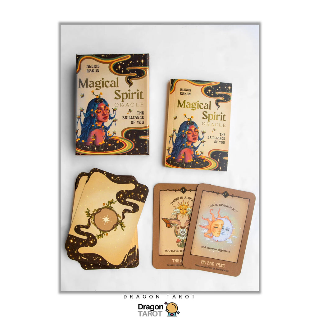 Dragon Tarot 'Magical Spirit' deck shown with its box, two smaller cards, and one illustrated card on a white background with a Dragon Tarot logo at the bottom.