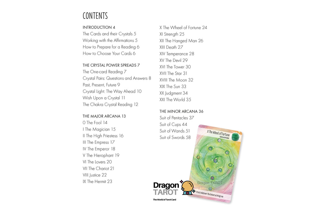 A book or booklet page showing the 'CONTENTS' table of a tarot card guide, with text columns and a small sample tarot card illustration at the bottom right. The Dragon Tarot logo is visible in the lower left.