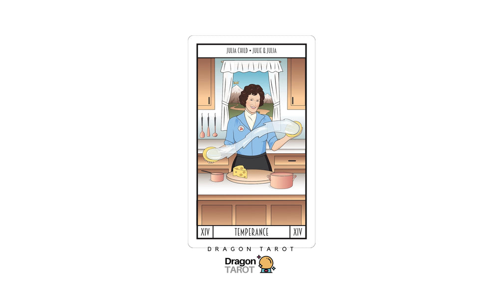 A tarot card illustration for 'Jehu Cord + Jode & Jode' (Temperance) from the Dragon Tarot deck, featuring an illustrated woman holding a sword in a kitchen. The card is centered on a white background with the 'Dragon Tarot' logo at the bottom.