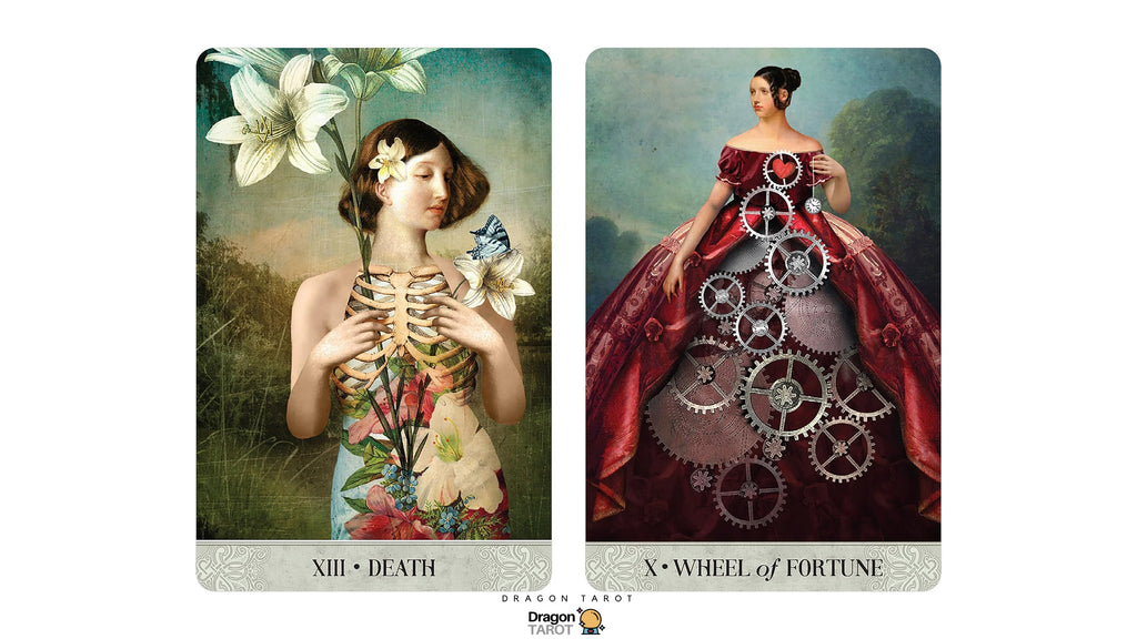 Two illustrated tarot-style cards shown side by side on a white background. The left card is labeled XIII Death and depicts a woman holding white lilies with a floral dress and a butterfly.