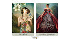 Two illustrated tarot-style cards shown side by side on a white background. The left card is labeled XIII Death and depicts a woman holding white lilies with a floral dress and a butterfly.