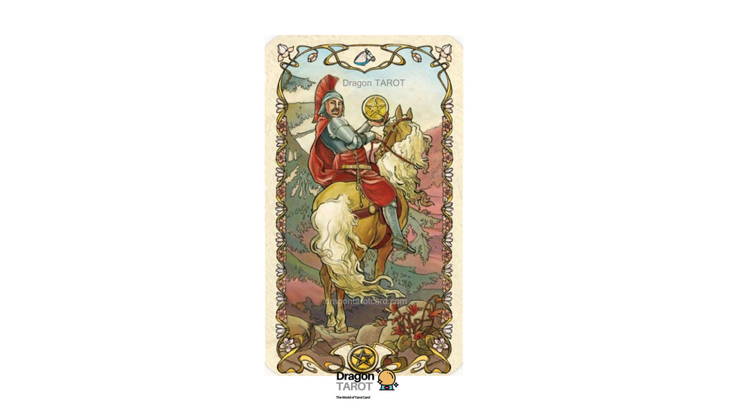 A Dragon Tarot card featuring an Art Nouveau style illustration of a dragon rider on a white horse, shown against a plain white background with a brand logo at the bottom.