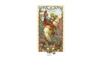 A Dragon Tarot card featuring an Art Nouveau style illustration of a dragon rider on a white horse, shown against a plain white background with a brand logo at the bottom.