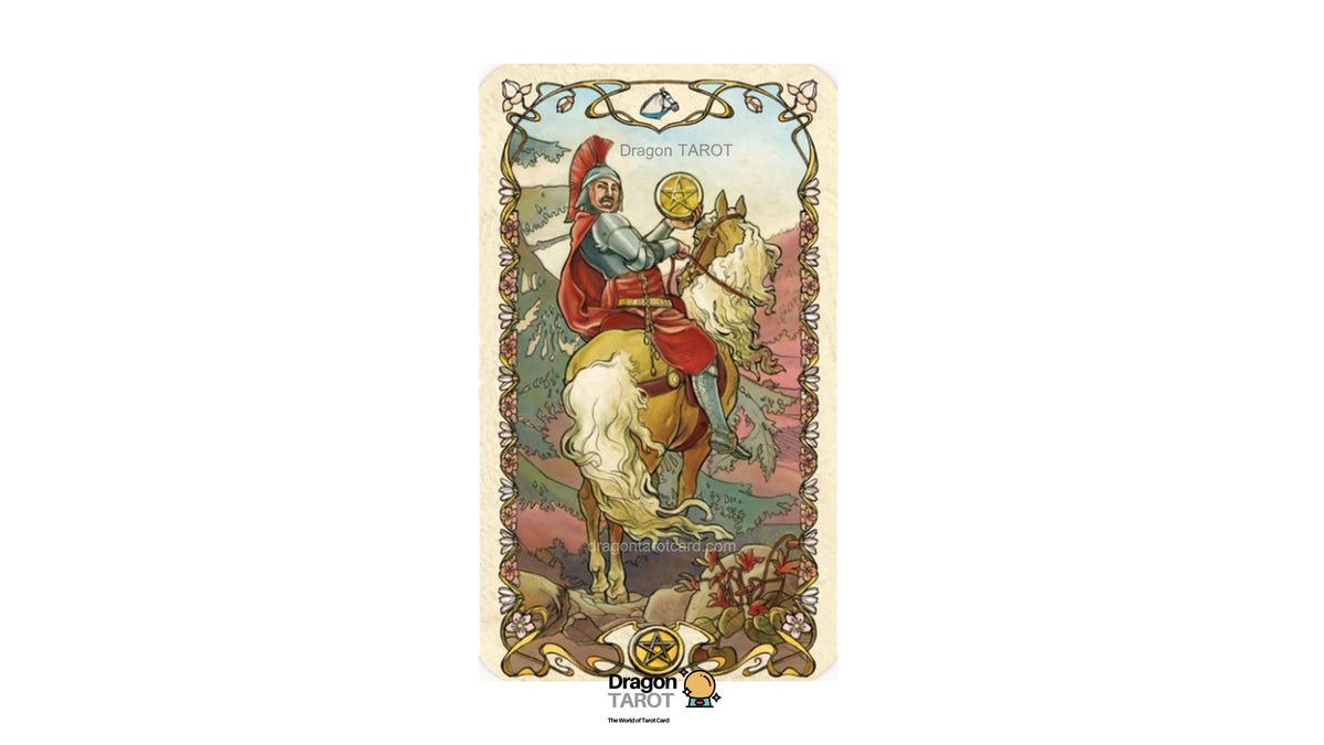 A Dragon Tarot card featuring an Art Nouveau style illustration of a dragon rider on a white horse, shown against a plain white background with a brand logo at the bottom.