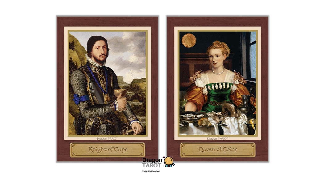 A tarot card deck titled 'King of Cups' and 'Queen of Coins' displayed side-by-side in a double-sided wooden frame. The left card features a portrait of a bearded man in medieval attire labeled 'King of Cups', and the right card features a woman in a green dress labeled 'Queen of Coins'.