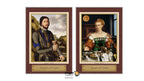 A tarot card deck titled 'King of Cups' and 'Queen of Coins' displayed side-by-side in a double-sided wooden frame. The left card features a portrait of a bearded man in medieval attire labeled 'King of Cups', and the right card features a woman in a green dress labeled 'Queen of Coins'.