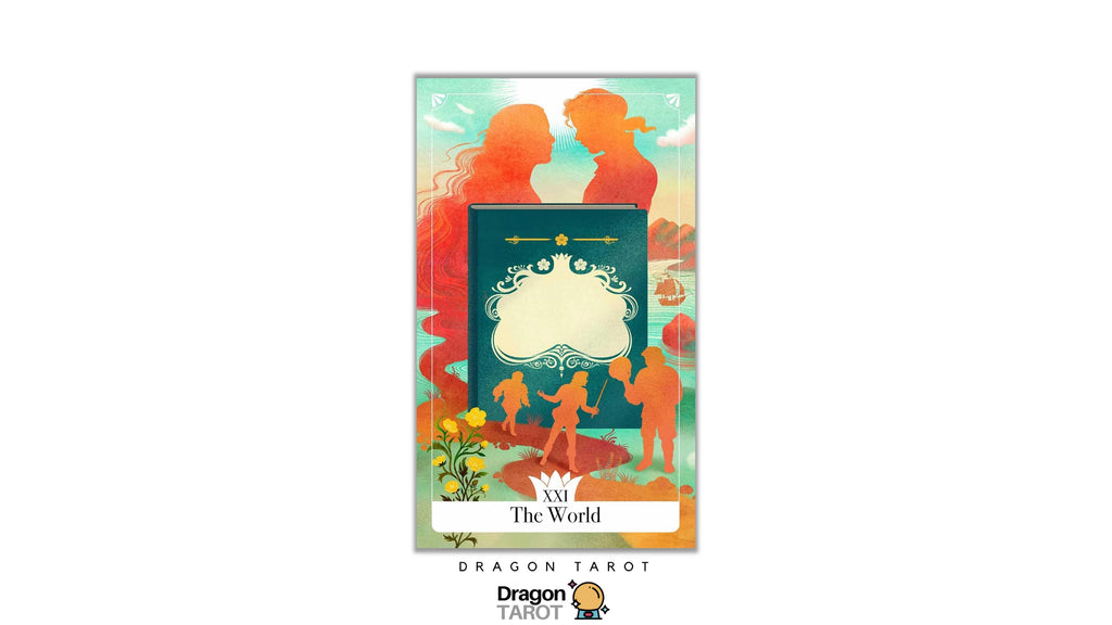 Dragon Tarot 'The World' card featuring a stylized illustration with silhouetted figures in orange-red against a teal and peach background, centered on a white page with the Dragon Tarot logo below.