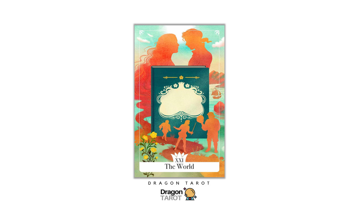 Dragon Tarot 'The World' card featuring a stylized illustration with silhouetted figures in orange-red against a teal and peach background, centered on a white page with the Dragon Tarot logo below.
