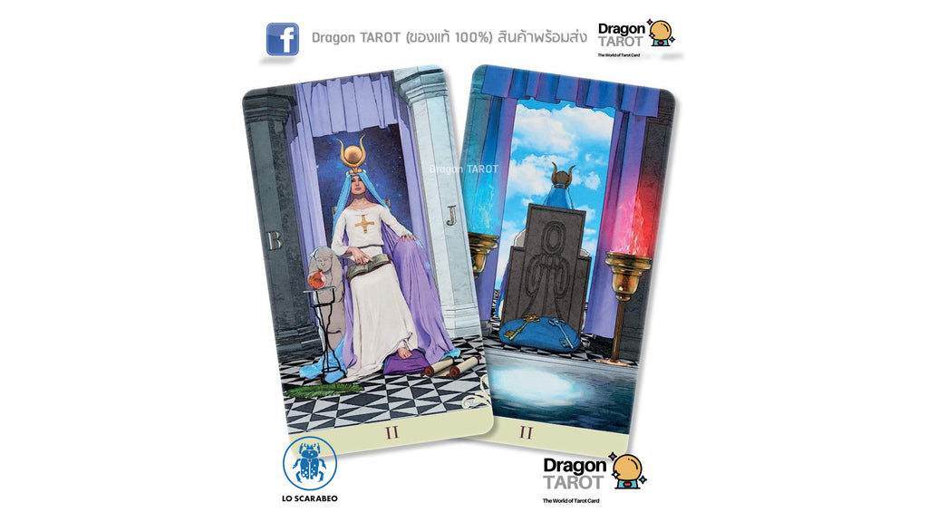 Two illustrated tarot cards from Dragon Tarot are shown on a white background, with brand logos and a Facebook icon at the top and bottom.