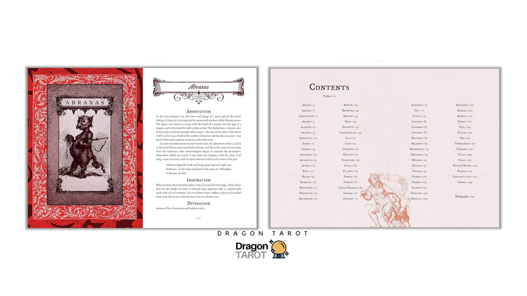 Dragon Tarot deck packaging and contents shown on a white background, featuring a red patterned box with a black illustration, an instruction booklet, and a contents page.