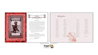 Dragon Tarot deck packaging and contents shown on a white background, featuring a red patterned box with a black illustration, an instruction booklet, and a contents page.