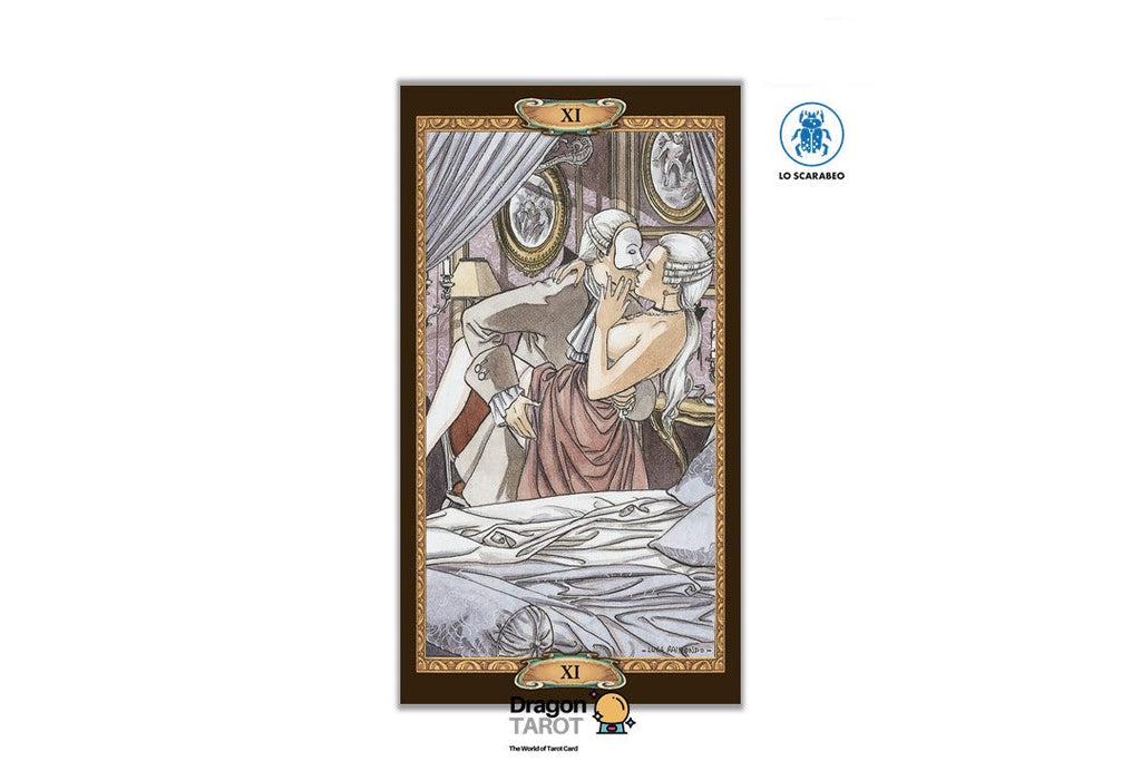 A tarot card illustration labeled 'VI' showing a couple embracing in a bedroom, with decorative borders and Dragon TAROT branding and a blue 'Io Scaramuto' mark on a white page.