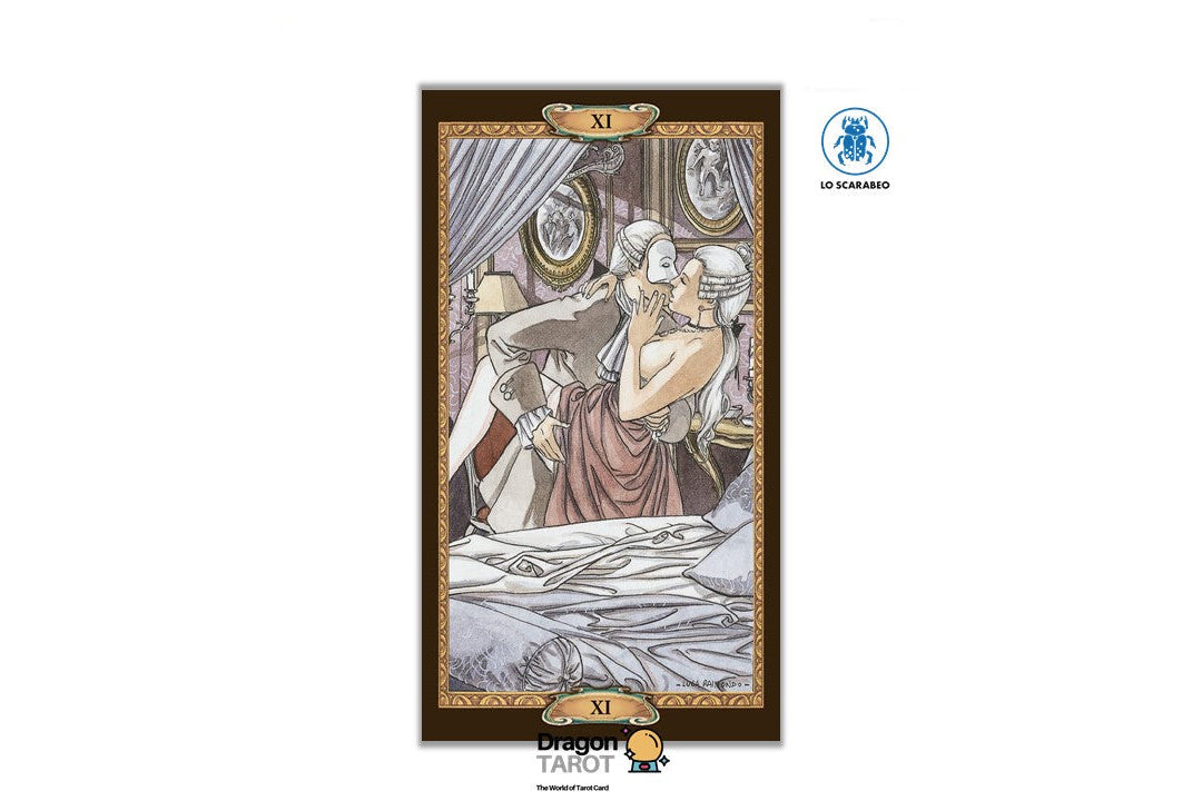 A tarot card illustration labeled 'VI' showing a couple embracing in a bedroom, with decorative borders and Dragon TAROT branding and a blue 'Io Scaramuto' mark on a white page.